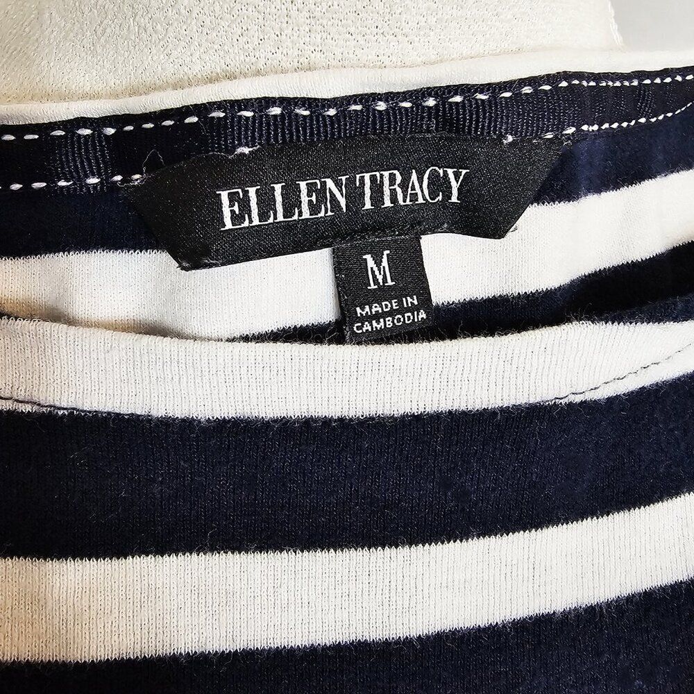 Ellen Tracy Medium White Navy Nautical Coastal 3/4 Sleeve Knit Shirt - Picture 3 of 5